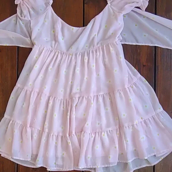 Lucy in the Sky Pink Ruffled Babydoll Dress Floral Daisy Puff Sleeves Sz Medium - Picture 9 of 11